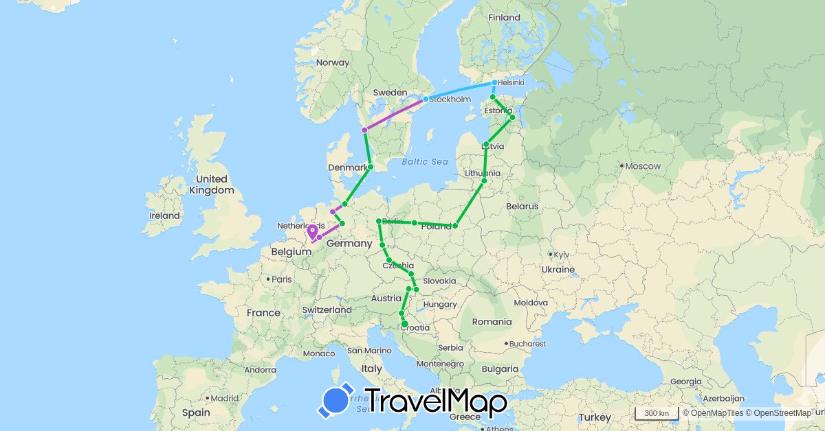 TravelMap itinerary: driving, bus, train, boat in Austria, Czech Republic, Germany, Denmark, Estonia, Finland, Croatia, Lithuania, Latvia, Poland, Sweden, Slovenia, Slovakia (Europe)
